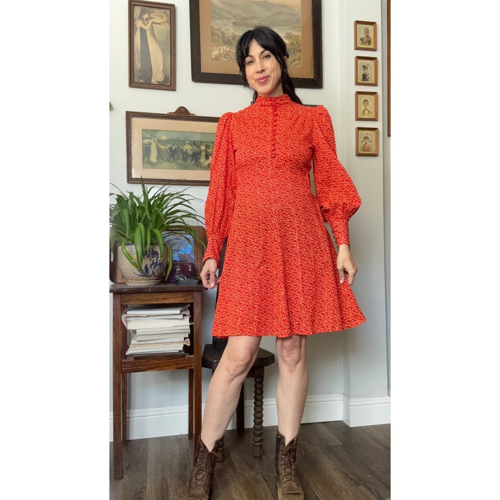 Vintage 70s Prairie Calico floral Print bishop Sleeve Dress Red Yellow - Picture 2 of 10